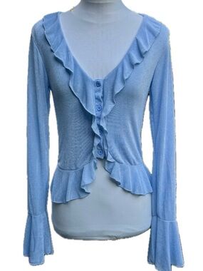 Light Blue Ruffle-Trim Button Cardigan